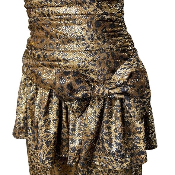 VTG Patra Size 6 Cheetah Print Strapless Dress Shimmer Ruched Bow Party Flounce - Picture 3 of 8